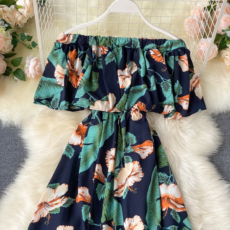 

ZOSOL Holiday Dress 2020 New Chic Ruffled Horizontal Neck off-Shoulder Printed Split Dress