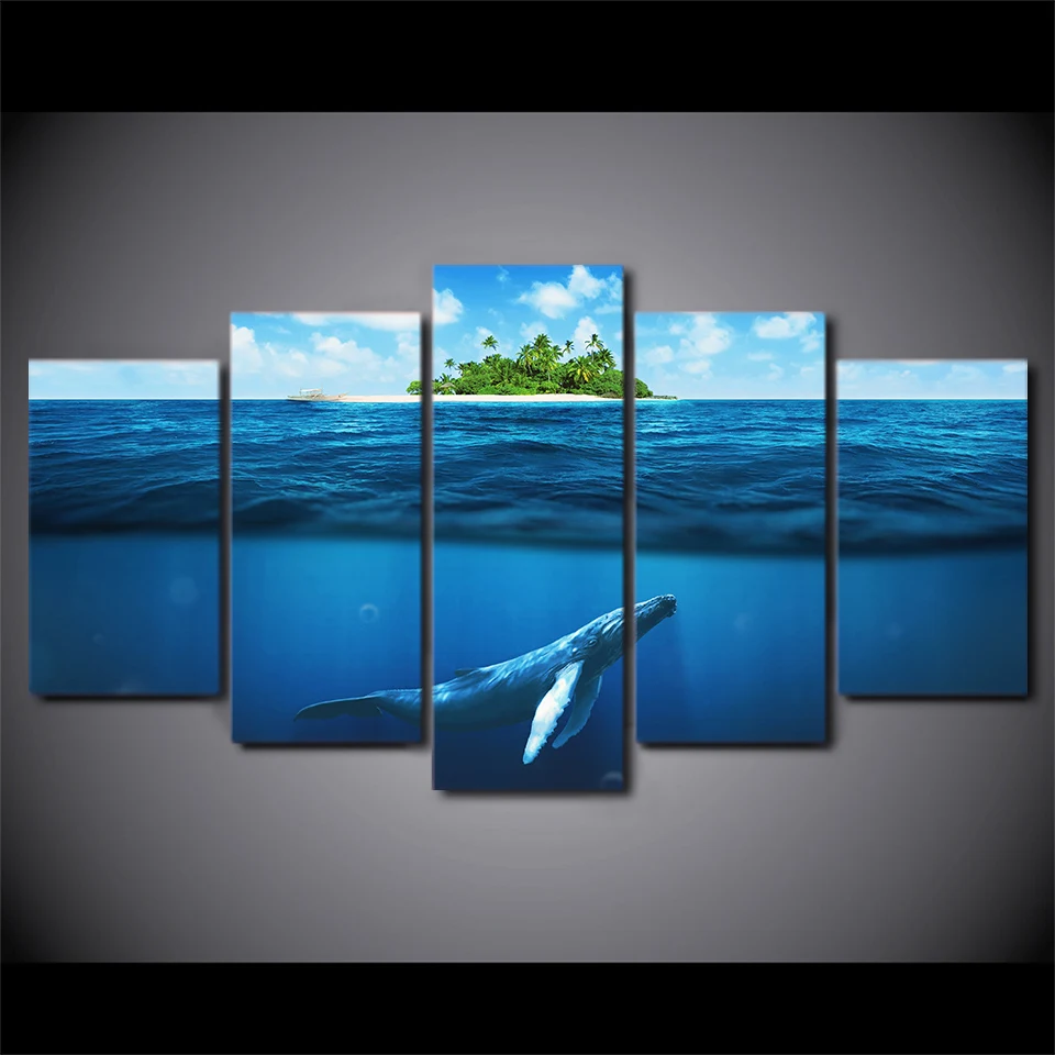 

Canvas Painting Living Room Wall Poster 5 Piece Blue Deep Ocean Swimming Fish Frames In Modular Print Cuadros Decor Pictures