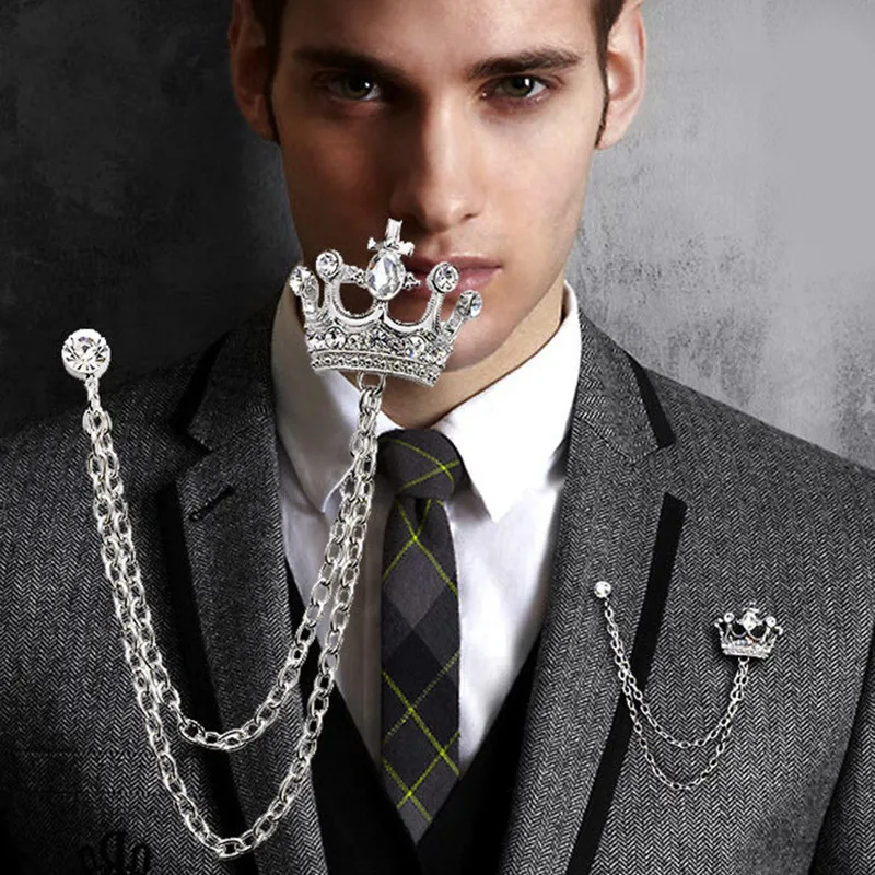 Британский стиль INS Корона Стразы Брошь для мужчин костюм с цепочкой значок Ретро