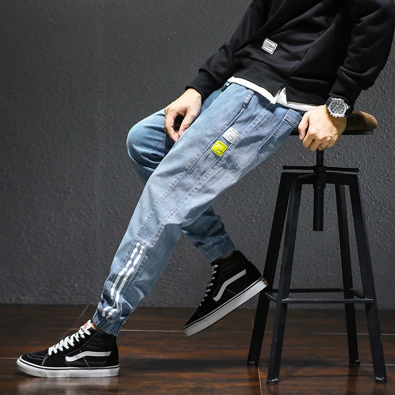Korean Style Men's Baggy Cargo Jeans Male Loose Casual Harem Stripe Pants Plus Size 4XL Elastic Waist Full Length Trousers Men