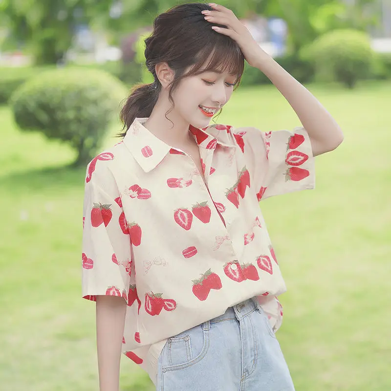 Chemise Femme Pink Strawberry Cardigan Short Sleeve Shirts Harajuku Tunic Women Bluz Teenage Cute Kawaii Top Blous Girls Camisa