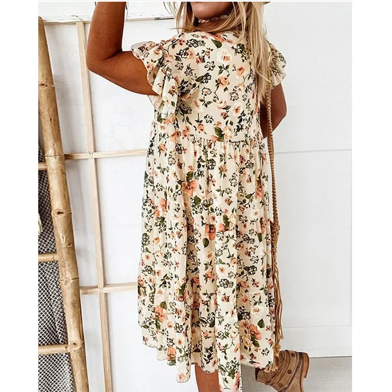 

2021 summer new women's casual printing stitching round neck lotus leaf sleeve mid-length dress