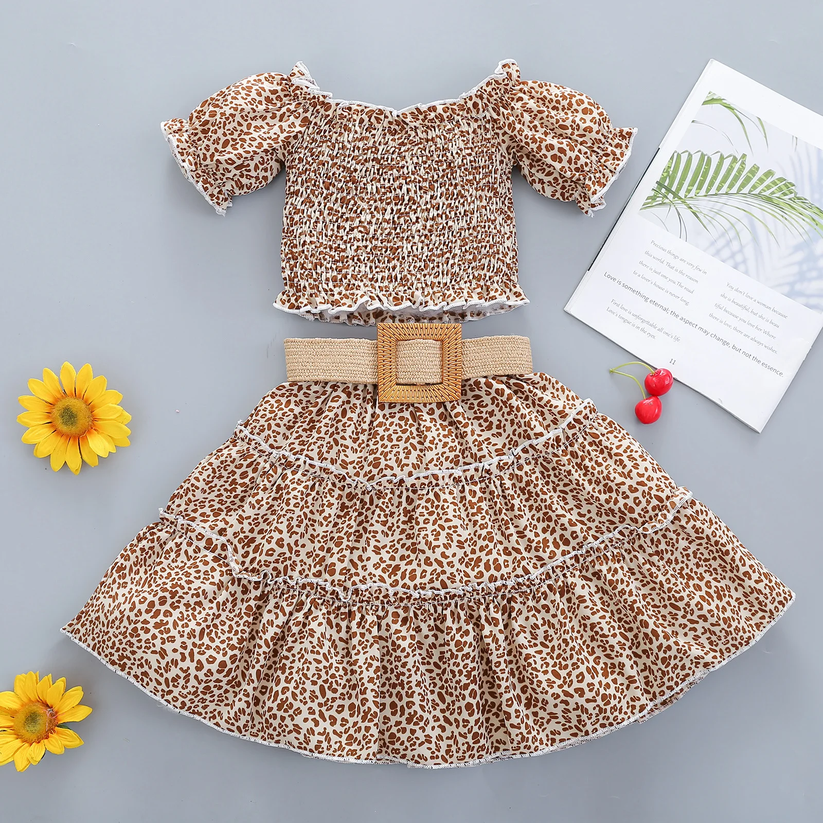

Children Kids Girls Short Sleeve Flower Leopard Tops T-shirts One-shoulder Belt Skirts Todder Baby Clothes Sets 2pcs 18M-6Y