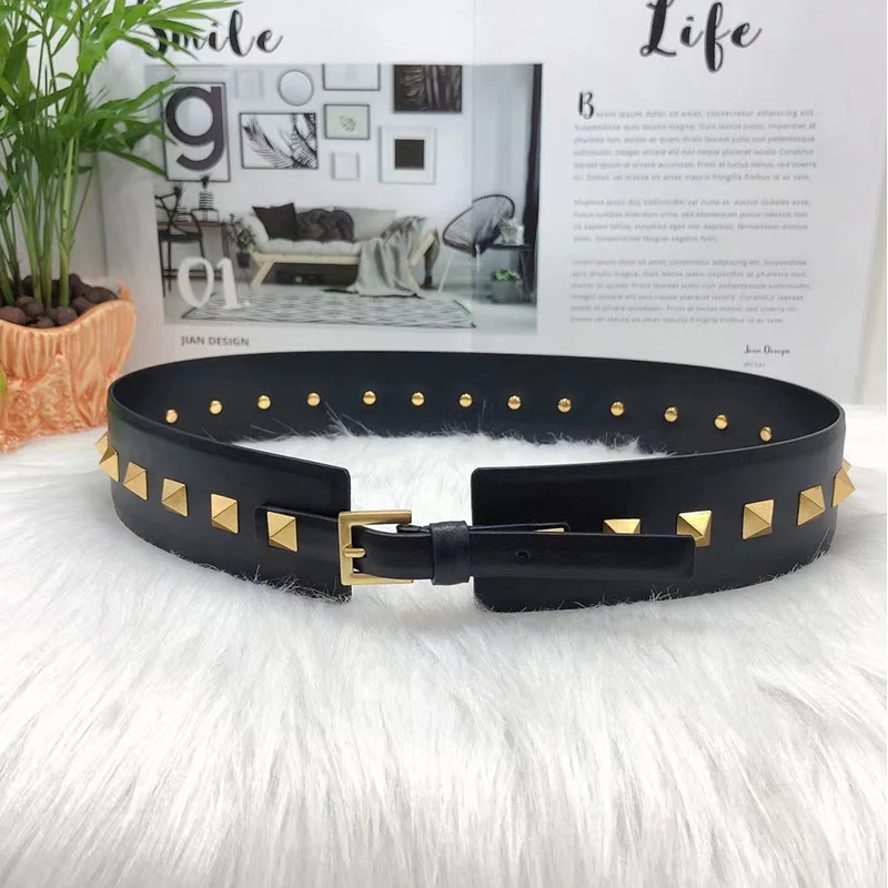 Belt women's leather rivet decorative dress coat belt belt designer fashion show repair waist seal abdominal belt