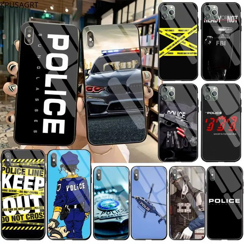 

KPUSAGRT police symbol Painted Phone Case Tempered Glass For iPhone 11 Pro XR XS MAX 8 X 7 6S 6 Plus SE 2020 case