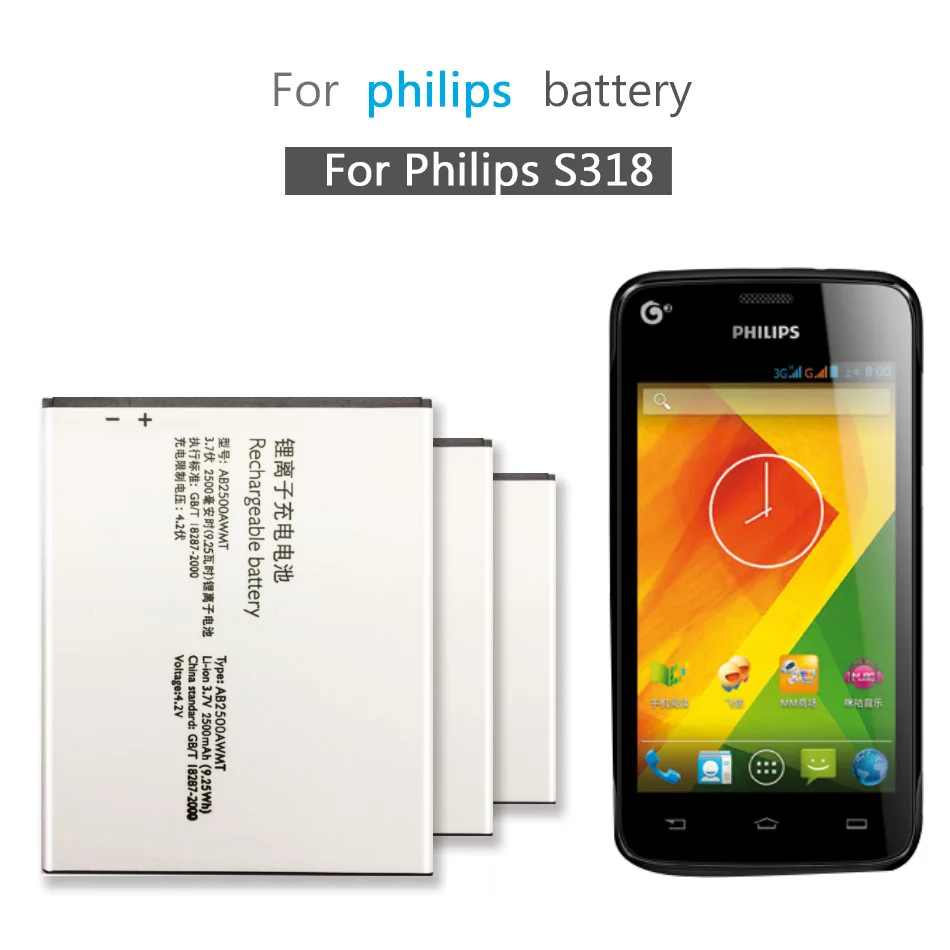 

Original AB2500AWMT Battery For Philips S318 CTS318 Cellphone AB2500AWMT for XENIUM Smart Mobile 2500mAh