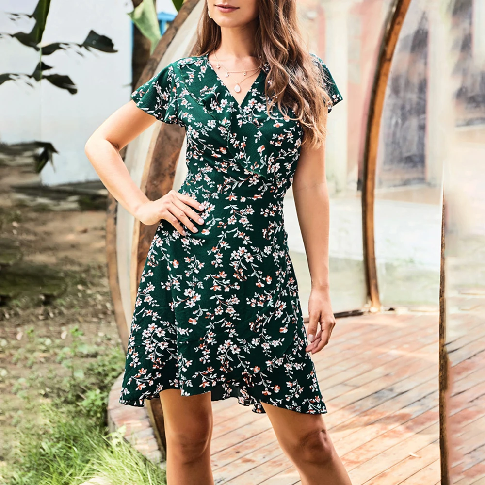 

Sexy V Neck Short Sleeve Floral Mini Woman Dress 2021 Summer Clothes Casual Beach Office Ladies Dresses For Women Robe Femme