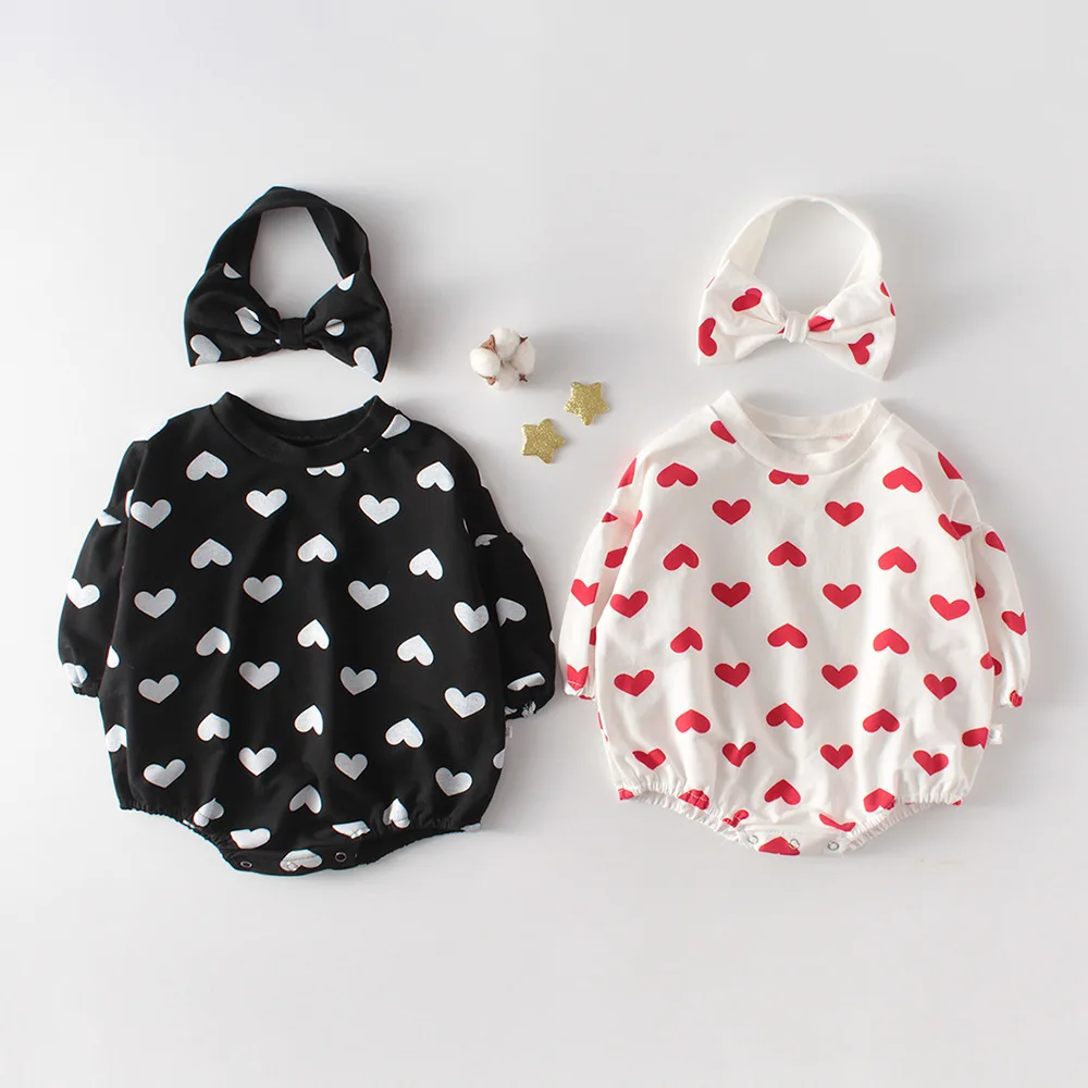 

Girls Kids Print Heart Romper and Headband Black Beige Color Summer Ins New Toddler Sweet Baby Clothing