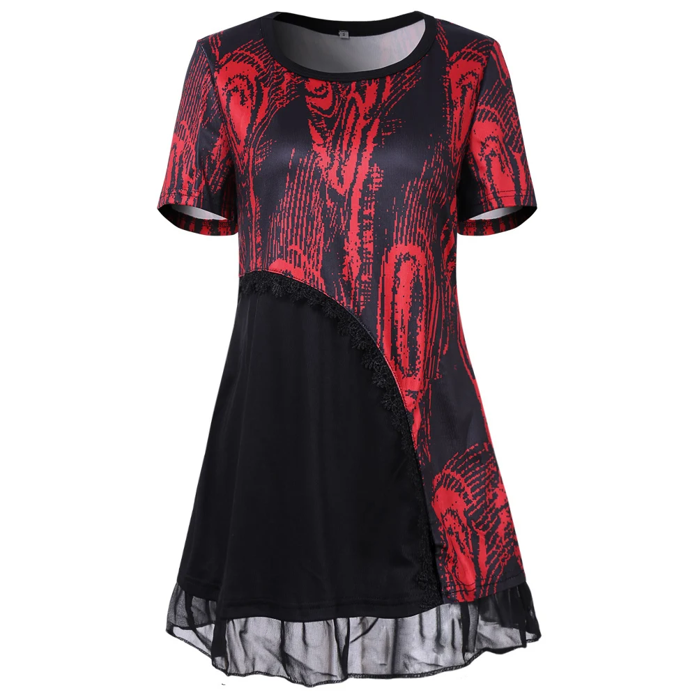 

Блузка женская кружевная с коротким рукавом, свободная рубашка в стиле пэчворк, с круглым вырезом, с коротким рукавом, красная, черная, разме...