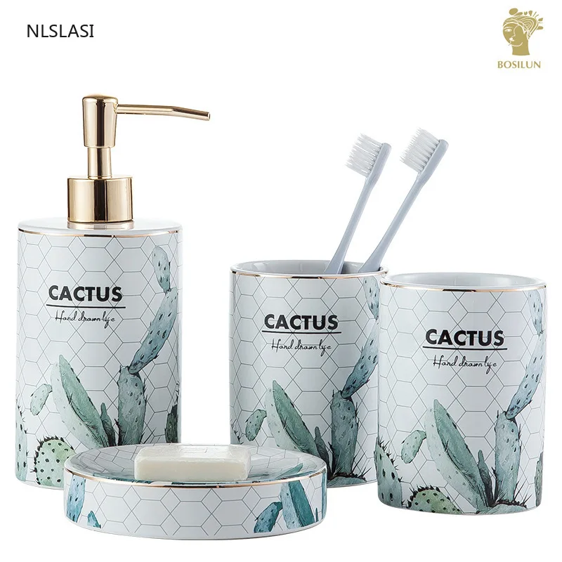 

Nordic Style Cactus Ceramic Bathroom Four-piece Mouth Cup Holder Lotion Bottle Soap Box Home Hotel Bathroom Wash Set Ornaments