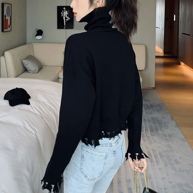 

UVRCOS 2020 Women's Knitted Loose Streetwear Sweater Tassels Female Ins Pullovers Solid Turtleneck Full Sleeve Korean Tops Sweat