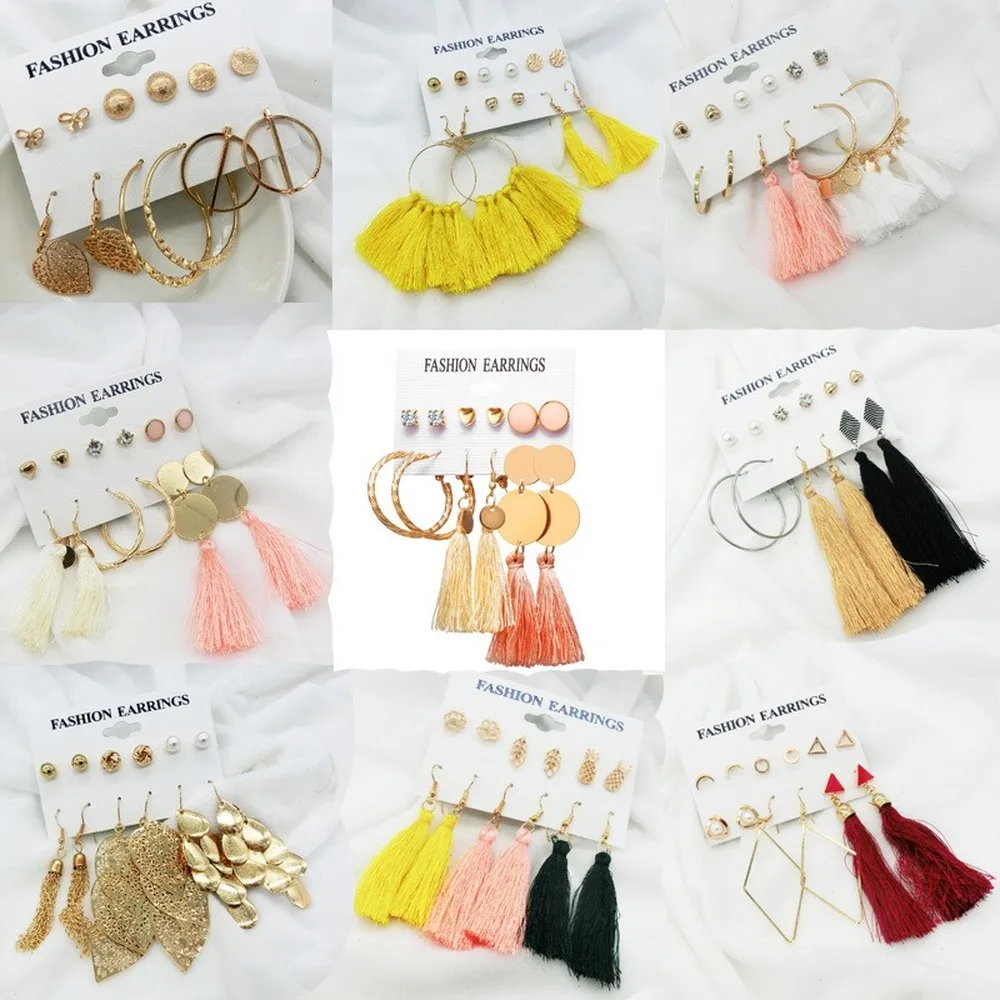 

New Bohemian Lady Fringe Earrings Set Geometric Pendant Acrylic Crystal Pearl Stud Earrings Women Fashion Jewelry Trendy Metal