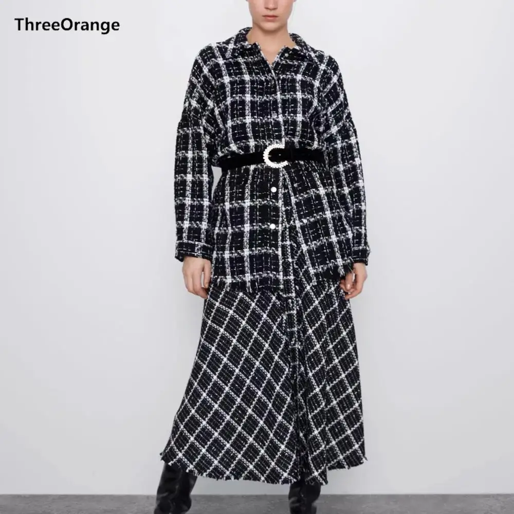 Женская твидовая юбка ZA черная клетчатая длинная повседневная с высокой талией