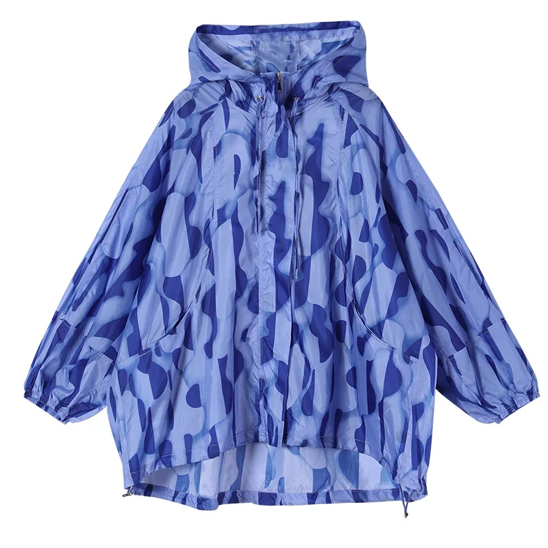 

Max LuLu British New Style Summer 2021 Ladies Printed Blue Hooded Jackets Womens Zippers Fitness Coats Female Oversized Clothing