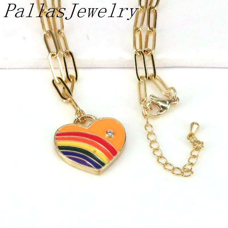 

5Pcs Rainbow Heart Charm Pendant Necklace Jewelry, Luck Heart Gold Filled Charm Necklace, Brass Enamel CZ Micro Pave Necklace