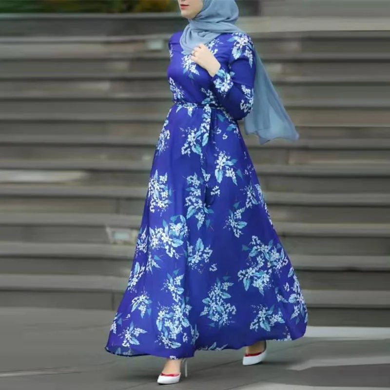 

Newest Floarl blue Muslim Dress Robe Abaya Syari female Evening Gown Muslim Abaya Worship Service abayas With Belt WY17