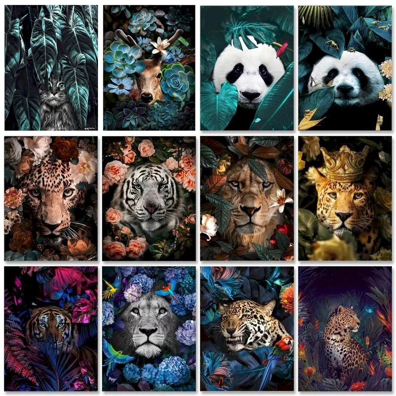 

5d Diy Diamond Painting Flower And Animal Lion, Tiger Inlaid Rhinestone Mosaic Cross Stitch High Quality Handmade Gift