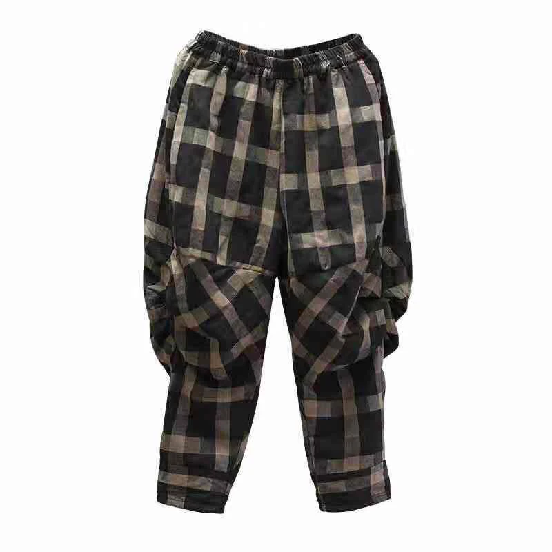 

Spring Summer Arts Style Women Elastic Waist Harem Pants Vintage Cotton Linen Plaid Pants Loose Female Trousers Plus Size