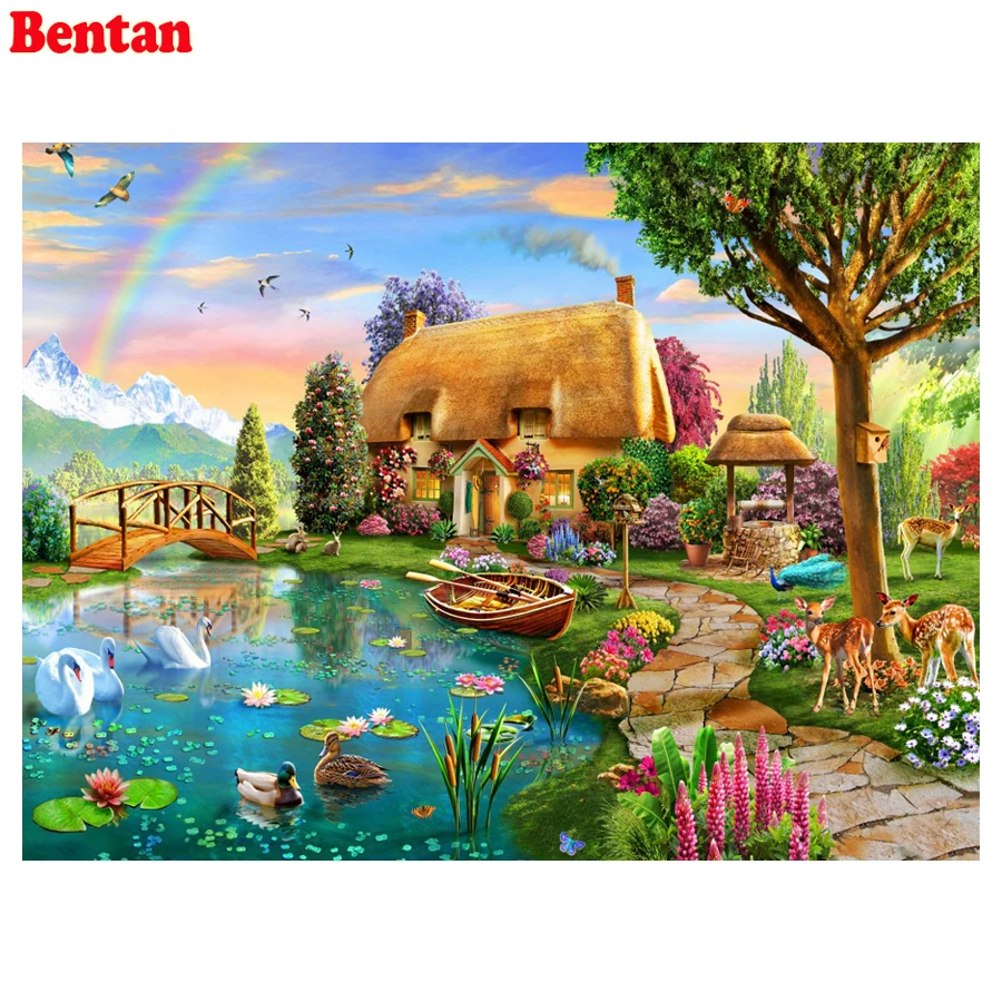 

5D Diy Round Diamond Painting swan Cross Stitch full Square Diamond Embroidery lakeside landscape mosaic picture for room Decor