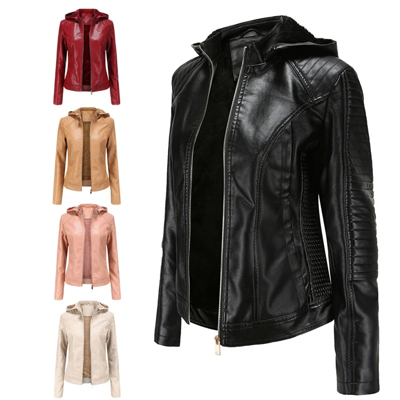 Liva girlFaux Leather Jacket Women Hoodies Gothic Motorbike Basic PU Jacket Coats Outerwear Hooded Zipper Waterproof Ladies Coat