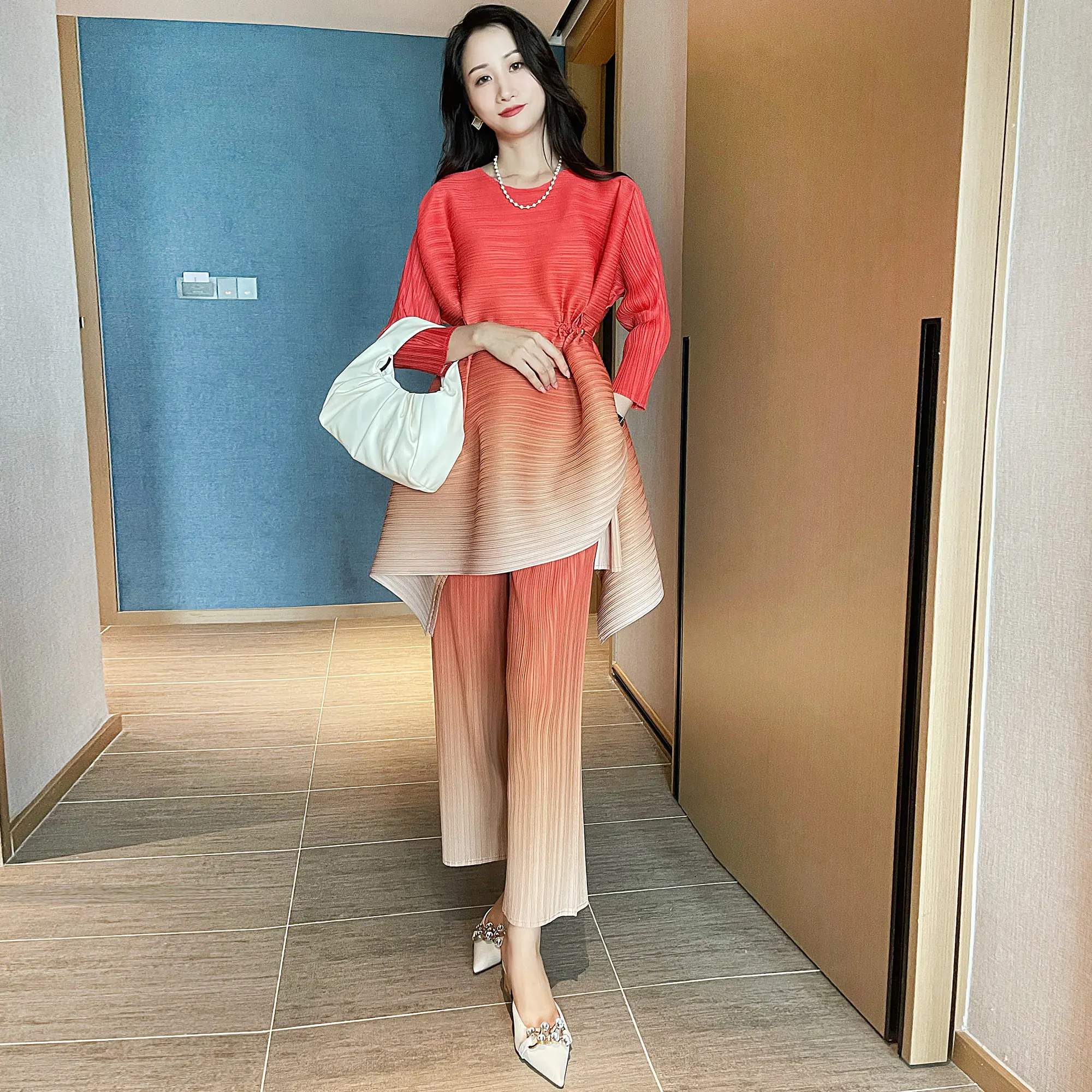 Women Sets Miyak Pleated Spring/Autumn High Street Gradient printing O-Neck Pullover and Straight-leg pants Two-piece suit Tide