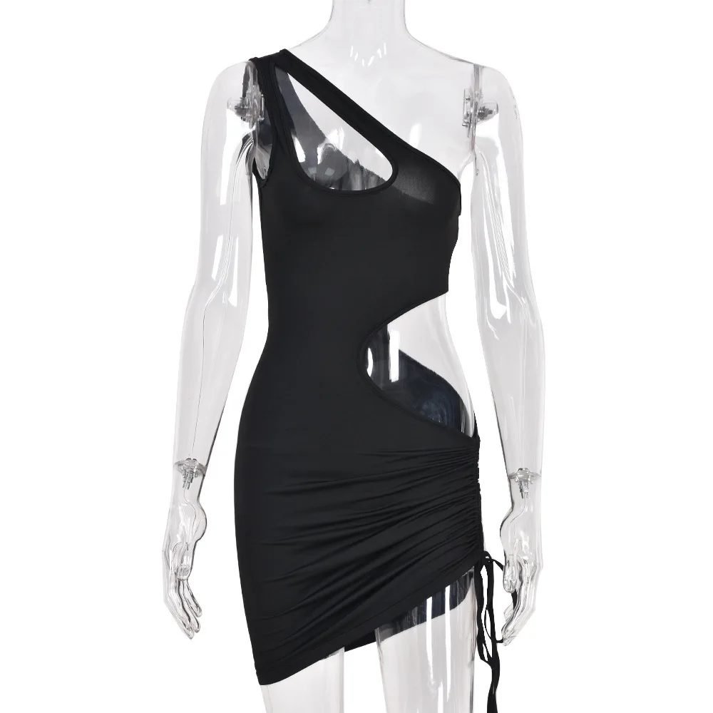 

One shoulder hollow out sexy short dress Women fluorescent green summer bodycon party dresses Drawstring slim black dress female