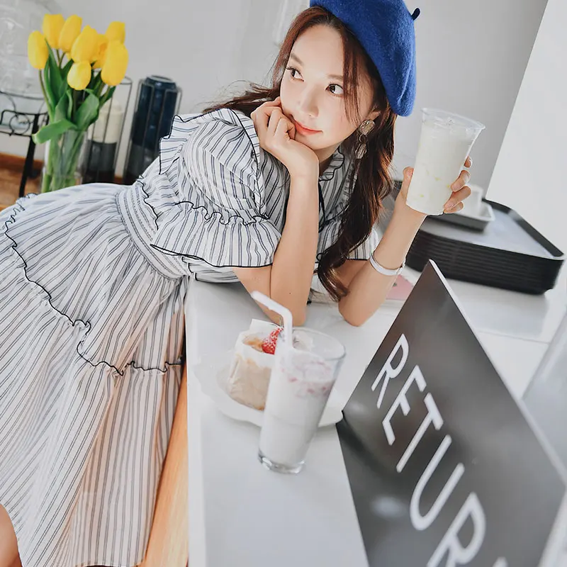 

Dabuwawa Summer Ruffles Striped Swing Dress Women Girls New Elegant Butterfly Sleeve Midi Dress DN1BDR010