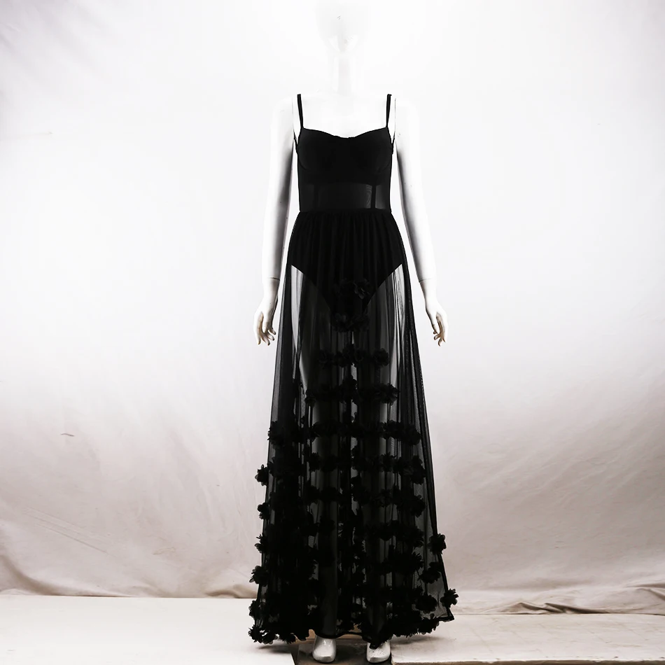 2020 новые летние Для женщин спагетти черный платье из сетчатой ткани с цветочным