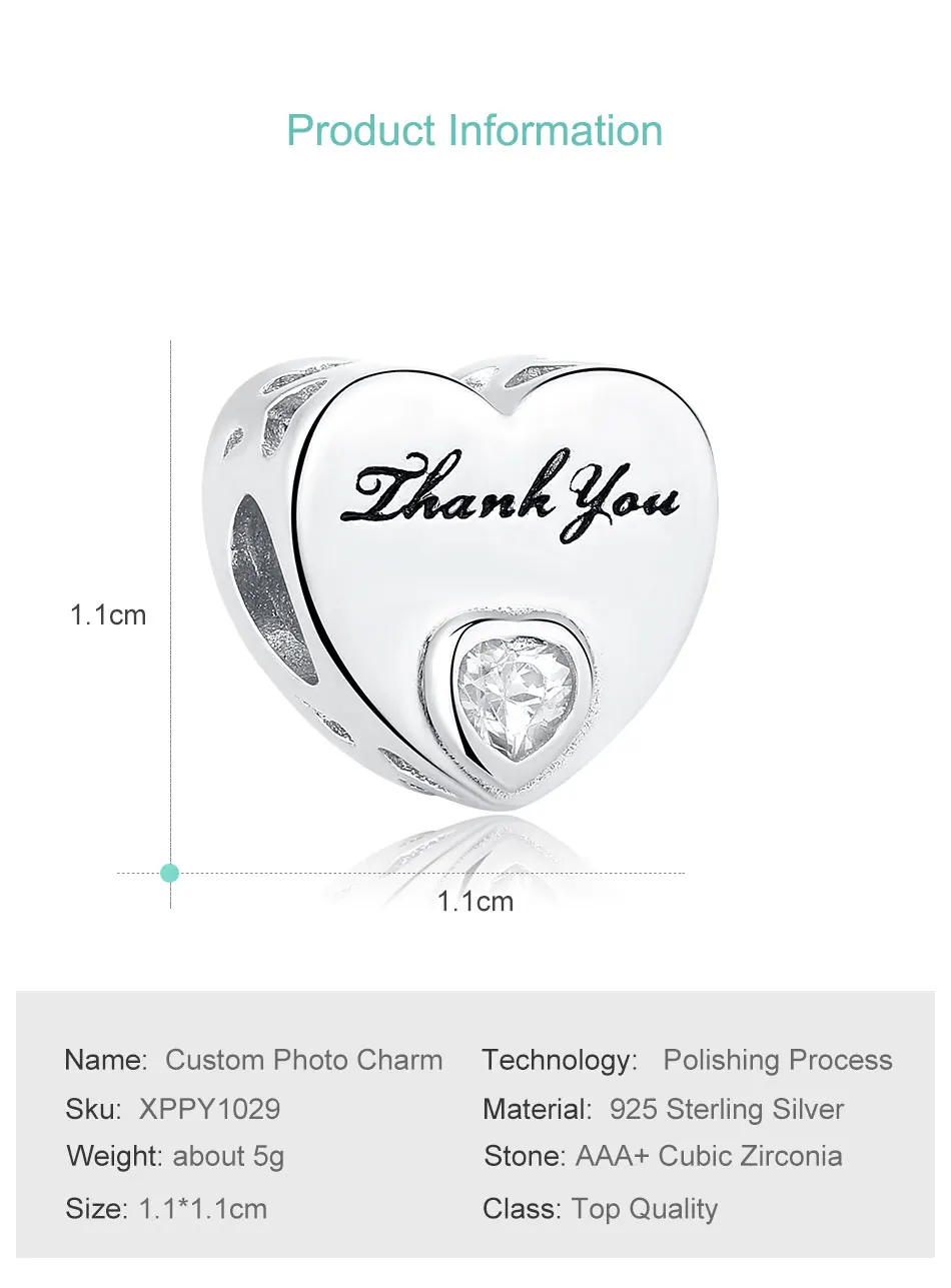 

100% 925 Sterling Silver With Crystal Heart Bead Thank You Custom Picture Charm Fit Bracelet DIY Women Jewelry Gift