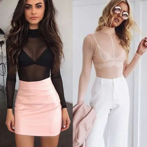 

Women Mesh Long Sleeve Shirts Solid Basic Tops Turtle Neck T-Shirts See Through Camisas De Mujer