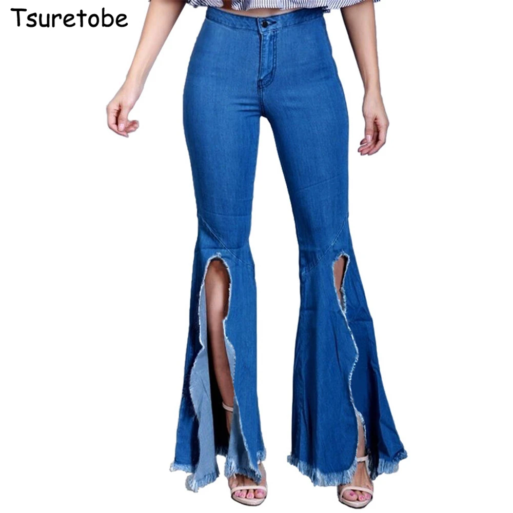 Женские рваные расклешенные джинсы Tsuretobe уличная одежда из денима с бахромой и