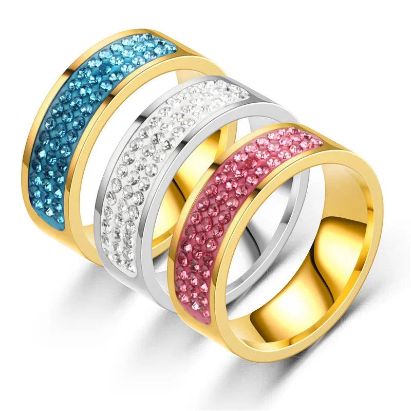 

European and American new titanium steel zircon ring women's three-row zircon stainless steel couple ring engagement ring