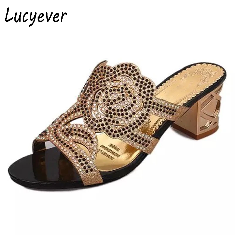 Lucyever/; женские шлепанцы; цветок из страз-кристаллов; сандалии-гладиаторы; открытые вьетнамки на квадратном каблуке; пляжные шлепанцы с открытым носком