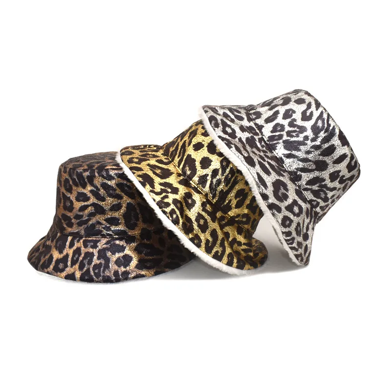 

New Leopard Print PU Leather Rabbit Fur Fluffy Bucket Hat Stylish Warm Panama Fisherman Cap Hats for Women Cap Men Chapeau Femme