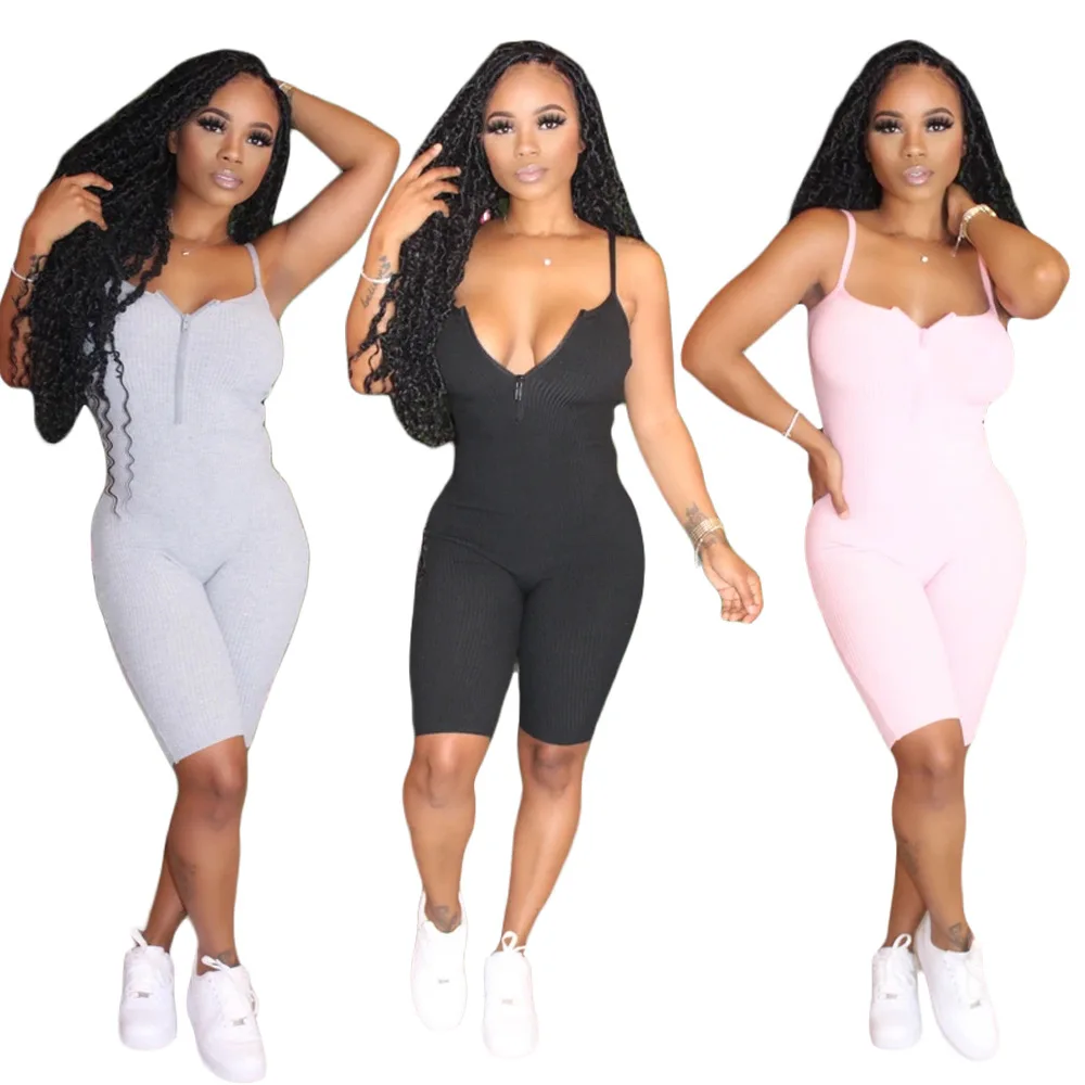 

2020 Summer Women Solid Color Jumpsuit Sexy Suspenders Backless Bodysuit Fashion Zipper V-Neck Sleeveless Playsuit TK6075
