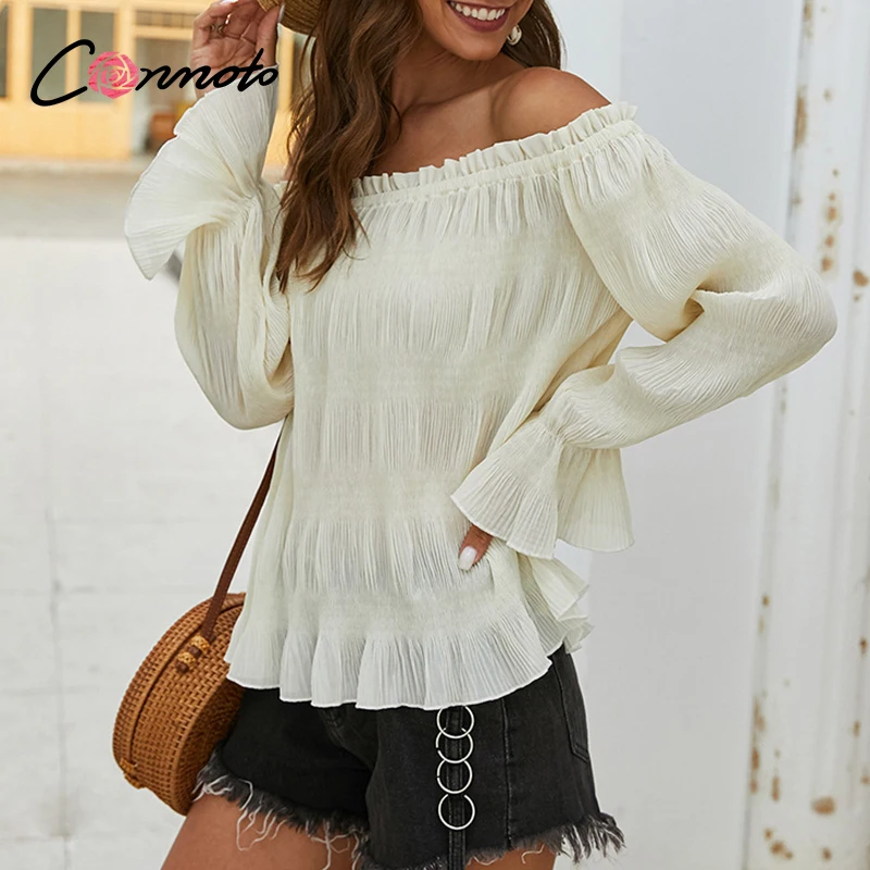 Conmoto шифоновая плиссированная блузка с открытыми плечами Женская Повседневная