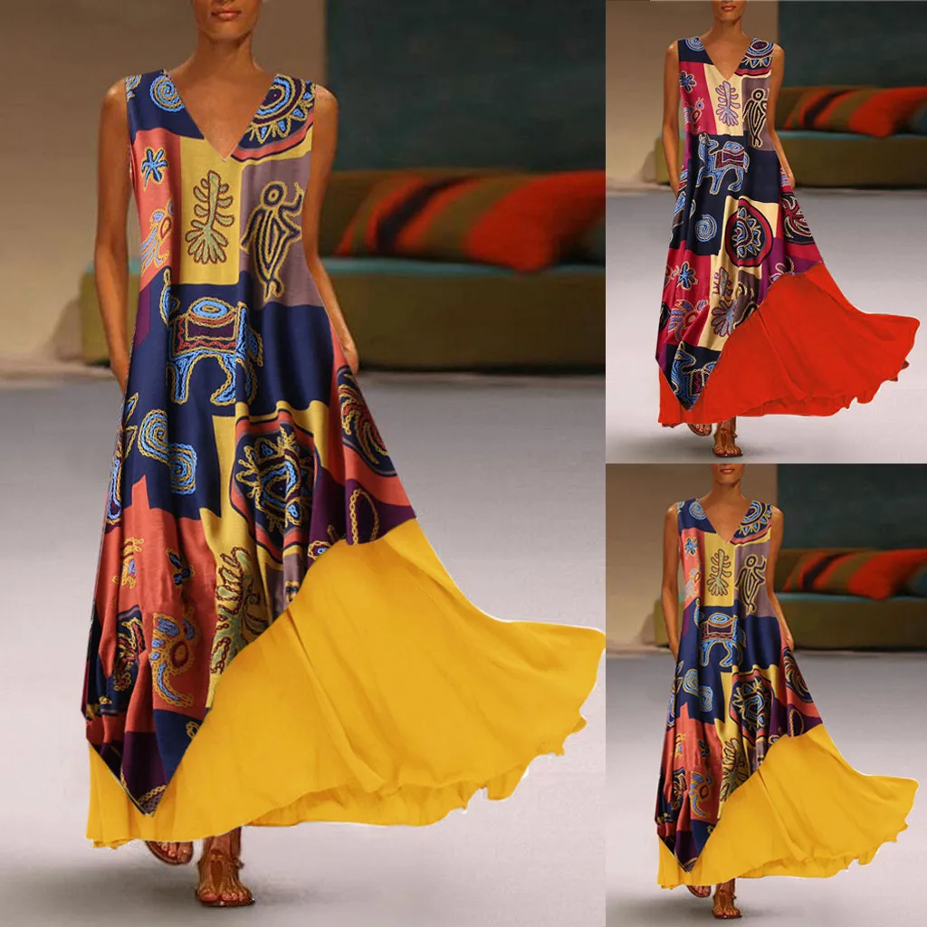 Женское винтажное лоскутное платье без рукавов хлопковое с v образным вырезом