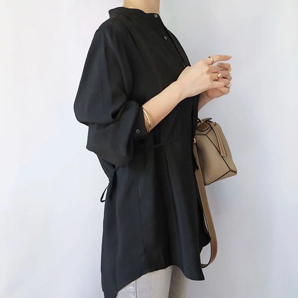 

Women Casual Blouse V-neck Button Slim Black Fashion Solid Color Shirt Slim Irregular Autumn Spring Loose Elegant Female Tops