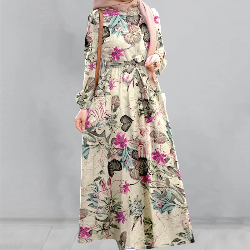 Женское винтажное платье макси с цветочным принтом, повседневные модные мусульманские платья, женское платье с длинным рукавом и поясом, ба...