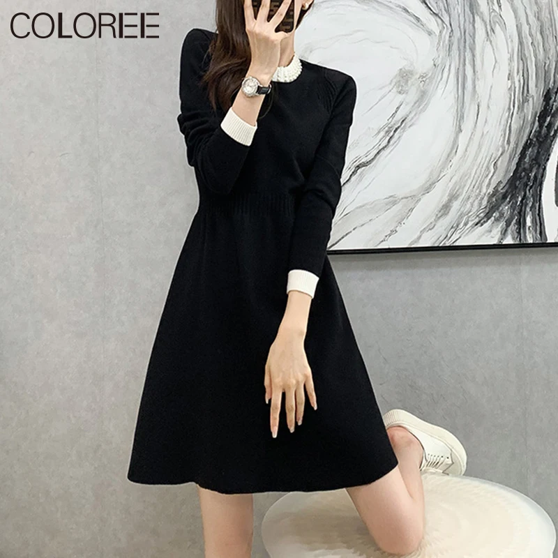 

Korean Fashion Long Sleeve Knitted Dresses Robe Female Autumn New Retro O-neck Bodycon Dress Chic Slim Waist Vestido De Mujer