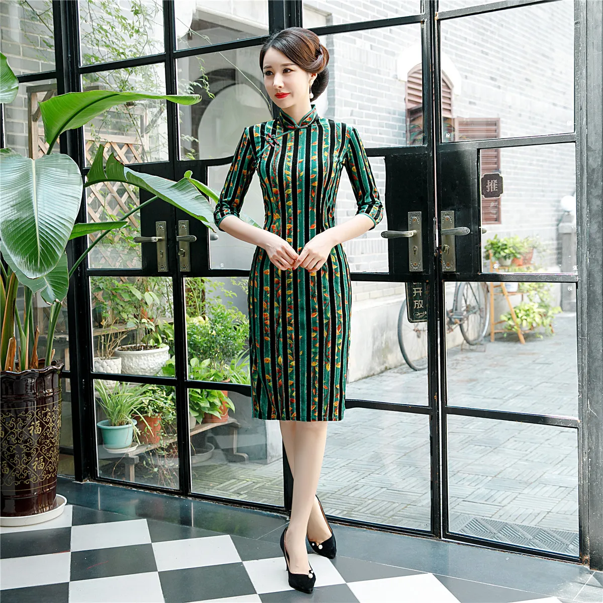 Шанхай история велюр Cheongsam по колено китайское платье Ципао традиционное платье зеленый