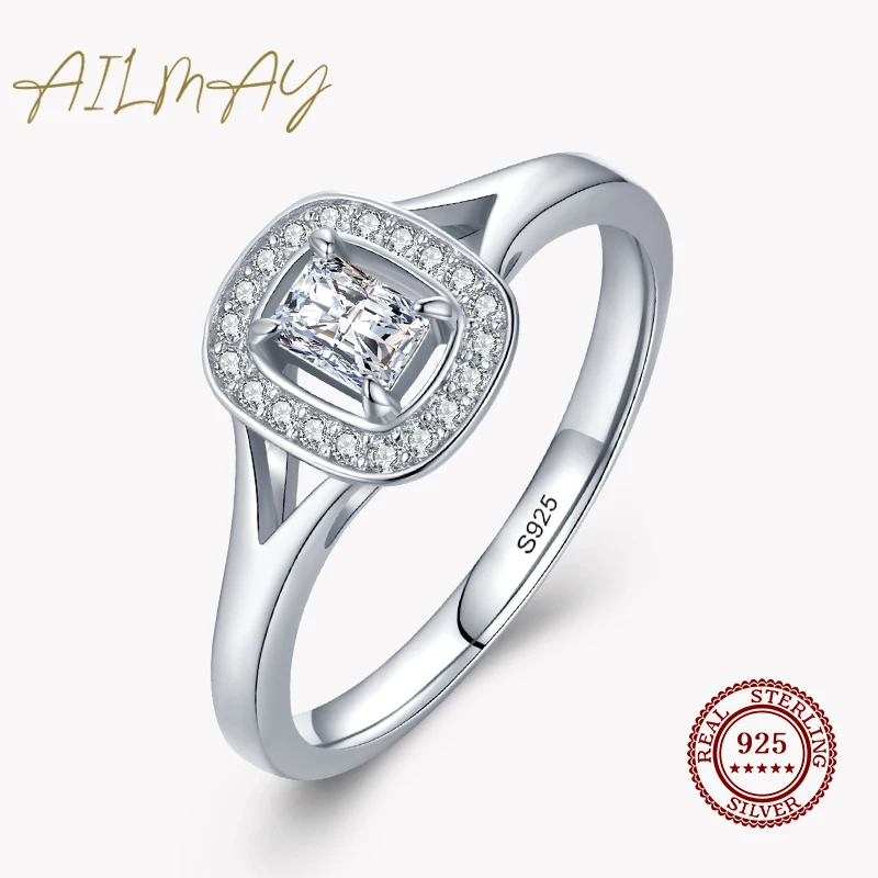 Ailmay Fashion 925 Sterling Silver Rectangle Hollow Cubic Zirconia Rings For Women Romantic Engagement Anniversary Fine Jewelry