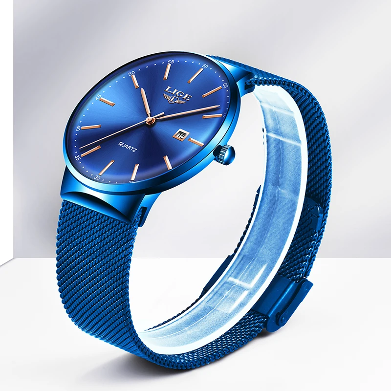 

LIGE Womens Watches Top Brand luxury Analog Quartz Watch Women Full Blue Mesh Stainless Steel Date Clock Fashion Ultra-thin Dial