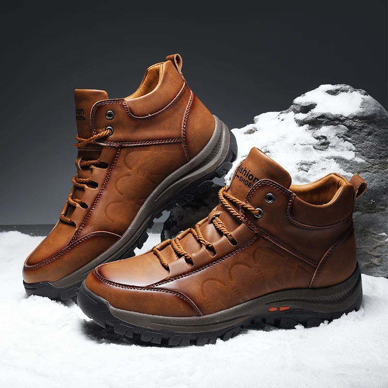 

MANLOOTAI Men Leather Boots Wool Fur Thick Composite Sole Winter Shoes Men Cowhide Leather Designer Outdoors Ankle Boots For Man