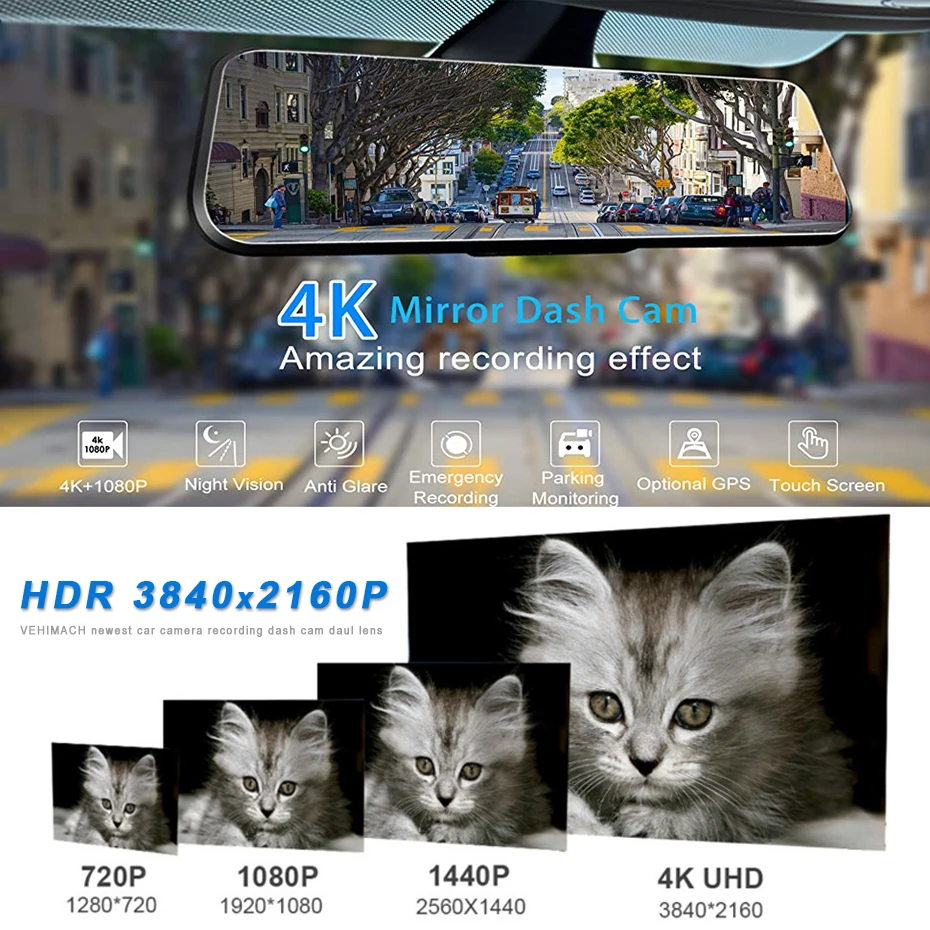 12 &quotDash Cam 4K GPS для автомобиля двойной Камера Wifi видео Регистраторы IPS зеркало