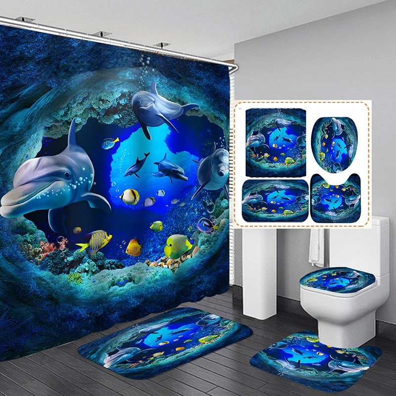 

Ocean Dolphin Deep Sea Polyester Shower Curtain Bathroom Waterproof Pedestal Rug Lid Toilet Cover Bath Mat Set (3Pcs no Curtain)