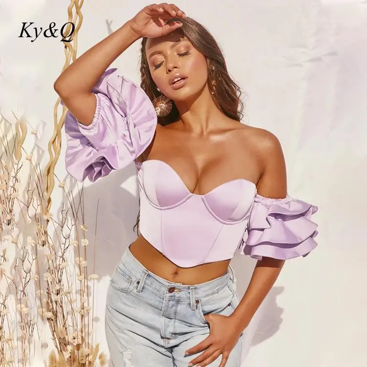Атласный корсет-бюстье топ женские рубашки с оборками и рукавами-фонариками