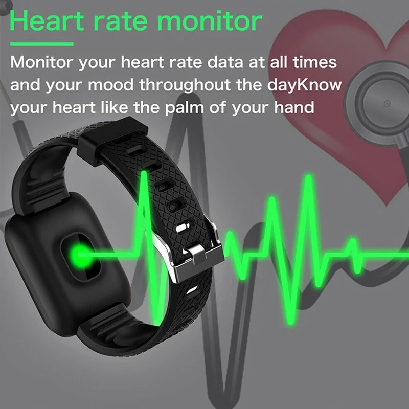 116 plus color screen smart watch heart rate blood pressure waterproof fitness tracking watch mens sports bracelets free global shipping