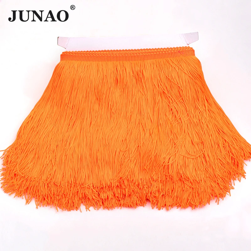 

JUNAO Double Line! 20cm Long Orang Color Chinlon Fringe Tassel Lace Trim Ribbon Sewing Latin Dress Stage Clothes Curtain 10Meter