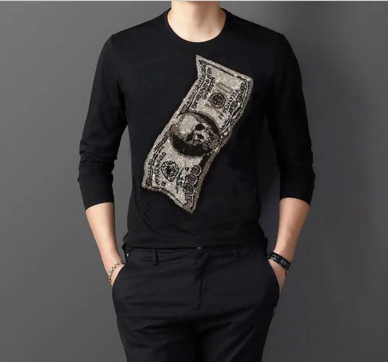 

Hot drill Design long tshirt Casual Mens long tees Autumn Men long tops O-Neck long tshirts Male Streetwear Diamond stone